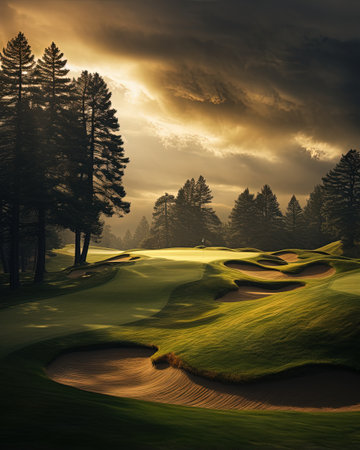 Golf course in the mountains at sunset. 3D render.の素材