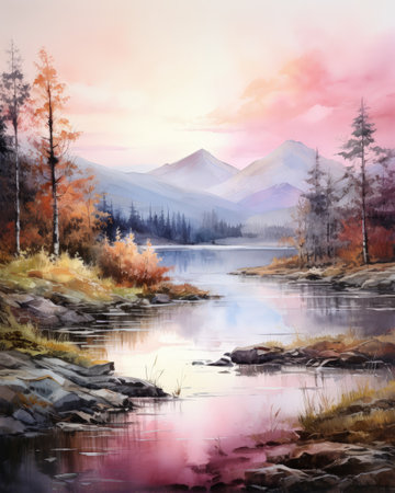 Beautiful autumn landscape with mountain lake and forest. Digital painting.の素材