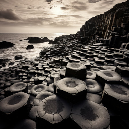 Black and white image of the breakwater on the beach at sunsetの素材