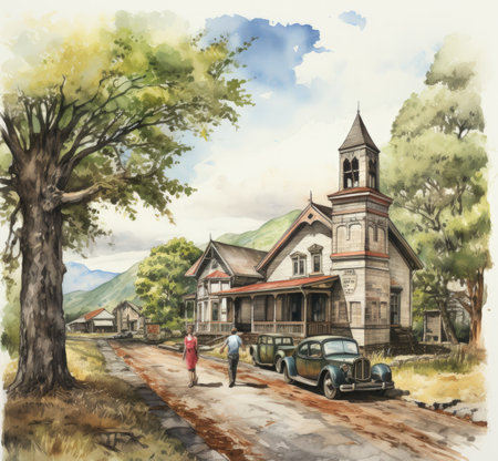 Digital watercolor painting of an old church in a rural area.の素材