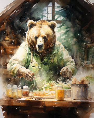 Watercolor painting of a brown bear in a raincoat preparing foodの素材