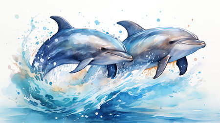 Dolphins jumping out of the water. Watercolor illustration on a white background.の素材