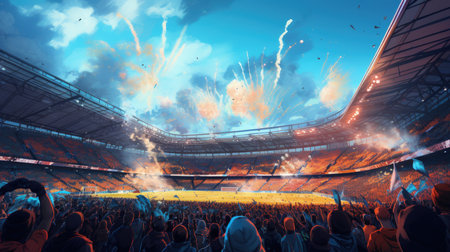 Cheering crowd at a football stadium during a match. Mixed mediaの素材