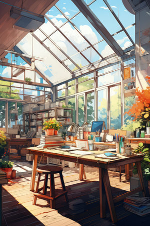 Interior of a modern office with a large window. 3D renderingの素材