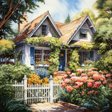 Watercolor painting of a beautiful old house with flowers in the gardenの素材