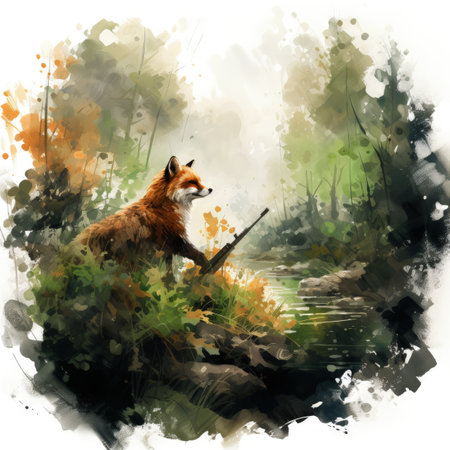 Watercolor painting of a red fox sitting on a log in the forestの素材