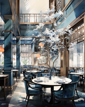 3d rendering of a beautiful brand new european restaurant in downtownの素材