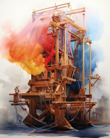 Oil painting on canvas of a ship in the sea. 3d renderingの素材