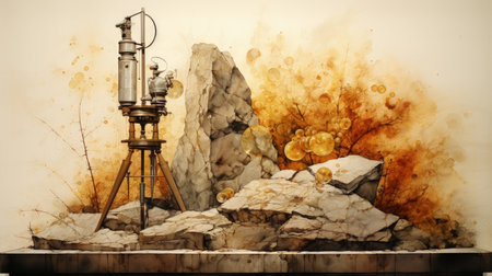 Digital painting of an old lamp in a rock garden. Vintage style.の素材