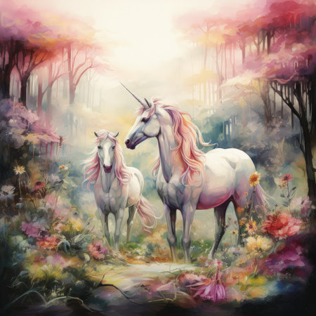 Watercolor painting of two unicorns in the forest. Digital painting.の素材