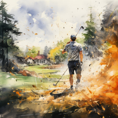 Watercolor painting of a golfer playing golf at a golf course.の素材