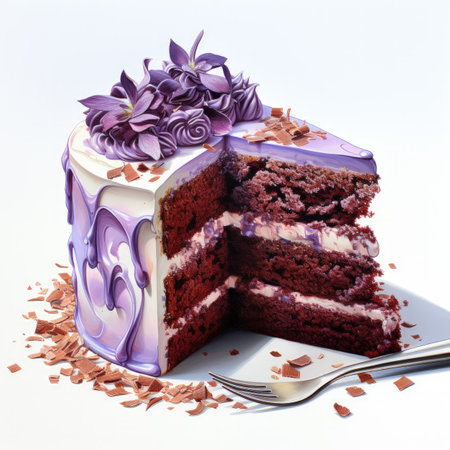 A piece of chocolate cake with purple flowers on a white background.の素材