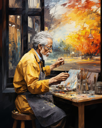 Painting of an old man in the artist's studio. The artist paints a picture with oil paints.の素材