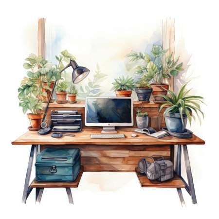 Office workplace. Workplace with computer, plants and accessories. Watercolor illustrationの素材
