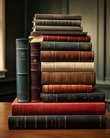 A stack of old books on a wooden table in a library.の素材