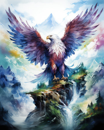 Eagle in the mountains. Digital watercolor painting on canvas.の素材