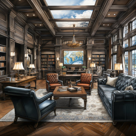 Luxury living room with furniture and bookshelf. 3D rendering.の素材
