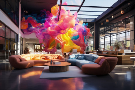 Modern living room interior with sofa, coffee table and colorful abstract paintingの素材