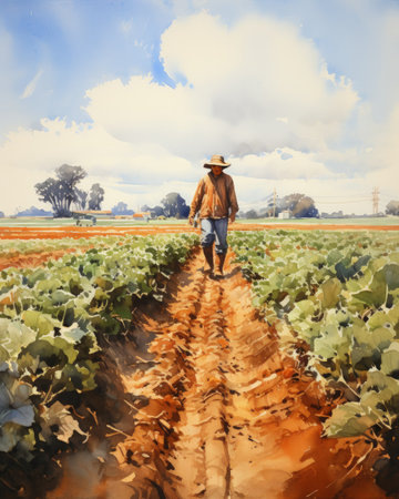 agriculture man walking on a dirt track in the fields.の素材