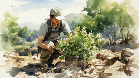 Gardener Planting a Tree in the Garden Conceptual Illustrationの素材