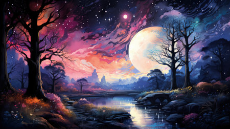 Fantasy landscape with tree, moon and lake. Digital painting.の素材