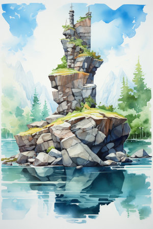 Digital watercolor painting of a rock in the middle of a lakeの素材