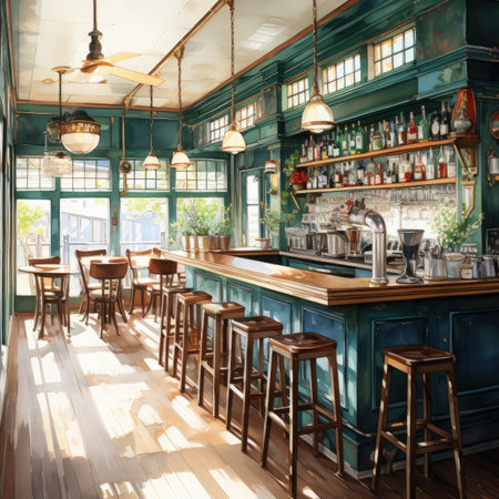 Vintage bar interior with bar counter and chairs. 3d renderingの素材