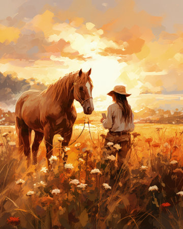 Girl and horse in the meadow at sunset. Digital painting.の素材