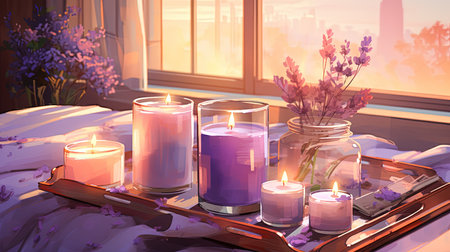 Romantic still life with candles and lavender flowers in the roomの素材