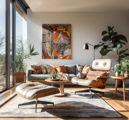 interior of modern bright living room with sofa 3D rendering illustrationの素材