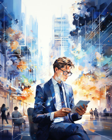 Young businessman using tablet computer on abstract city background. Digital painting.の素材