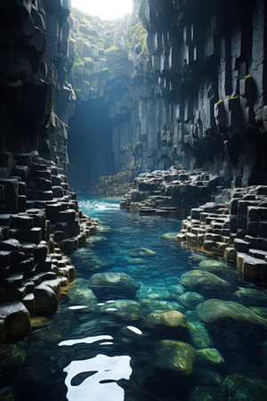 Beautiful fantasy landscape with a cave in the middle of the seaの素材