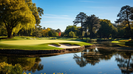 Golf course with sand bunkers and green in beautiful sunset lightの素材