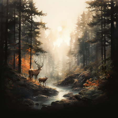 Digital painting of a deer in the forest at sunset with fog.の素材