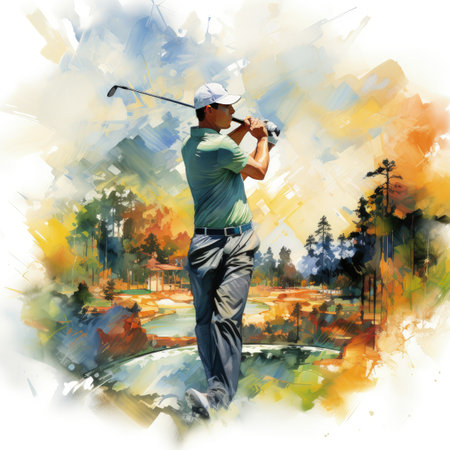 Watercolor painting of a golfer playing golf on a golf courseの素材