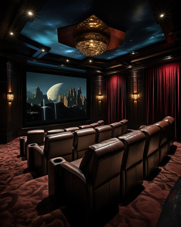 3D rendering of an old cinema with a large screen and two seatsの素材