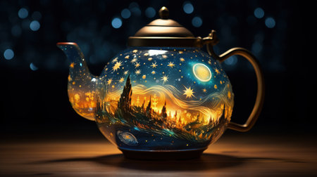 Magic teapot on wooden table with bokeh background.の素材