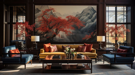 interior of modern living room with orange sofa and red pillowsの素材
