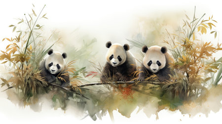 Watercolor painting of panda family in bamboo forest. Hand drawn illustrationの素材