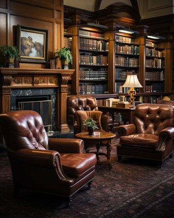 Luxury leather armchairs in an old library with bookshelvesの素材