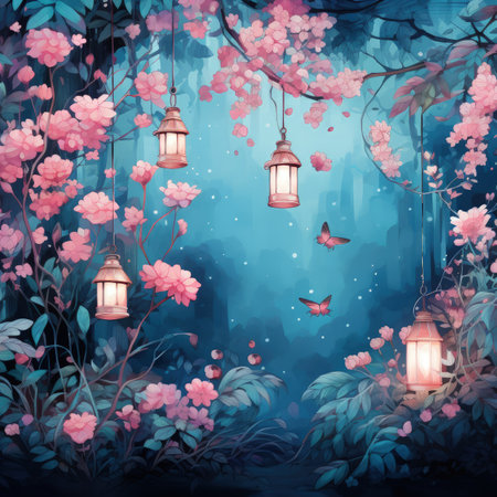 Watercolor illustration with flowers and lanterns on a blue background.の素材