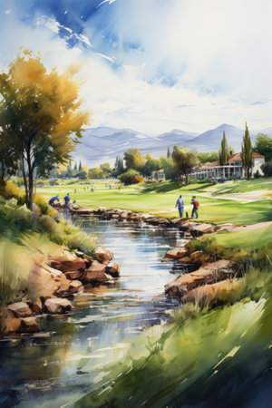 Watercolor painting of a beautiful landscape with a river and a familyの素材