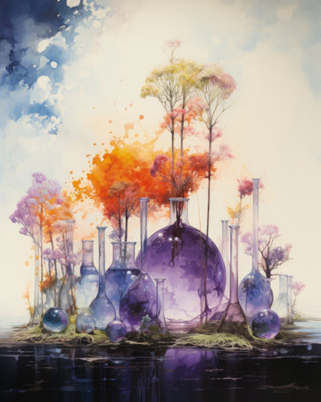 Watercolor painting of a beautiful tree in a test tube with watercolorsの素材