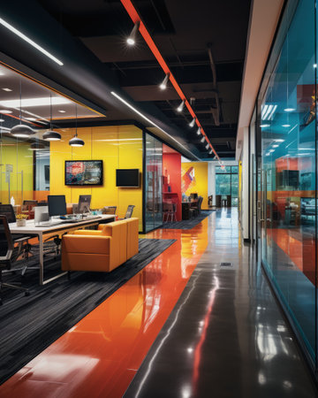 Interior of a modern office with orange and yellow walls, orange floor and rows of computer tables.の素材