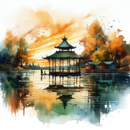 Watercolor painting of a pavilion on a lake in autumn.の素材