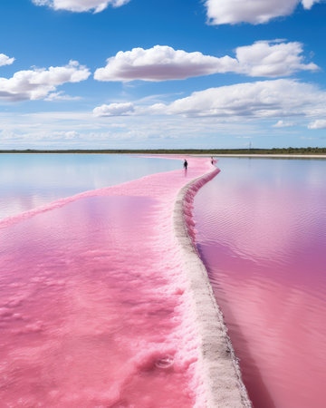 Pink salt lake with pink water and blue sky with white clouds. Salt lake in Almeria, Spainの素材