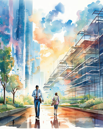 Couple of travelers walking in the city. Digital watercolor paintingの素材