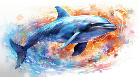 Dolphin on abstract watercolor background. Illustration for children.の素材
