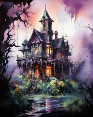 Halloween background with haunted house, watercolor painting, hand drawn illustrationの素材