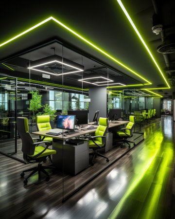 Interior of modern office with green lights. 3D Renderingの素材
